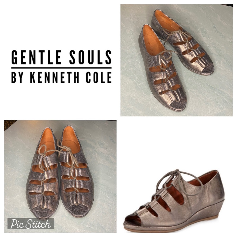 Gentle Souls Metallic Pewter Leather Vally Lilly Lace-Up Wedge Sandals